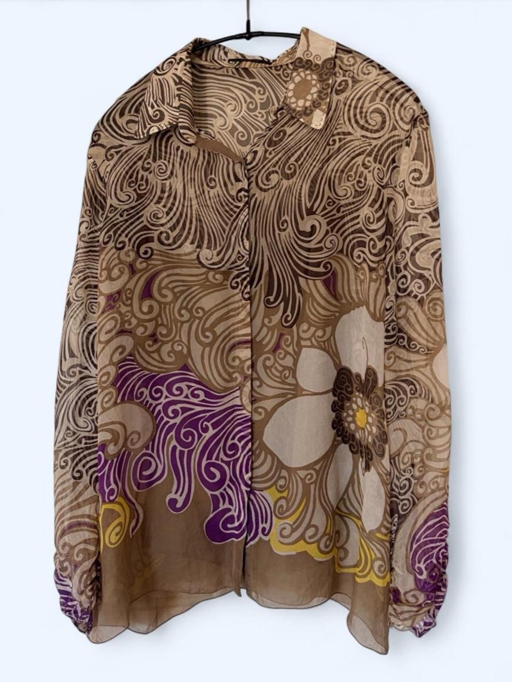 Tahari Sheer Floral Swirl Button-Down Blouse in Brown, Purple & Cream